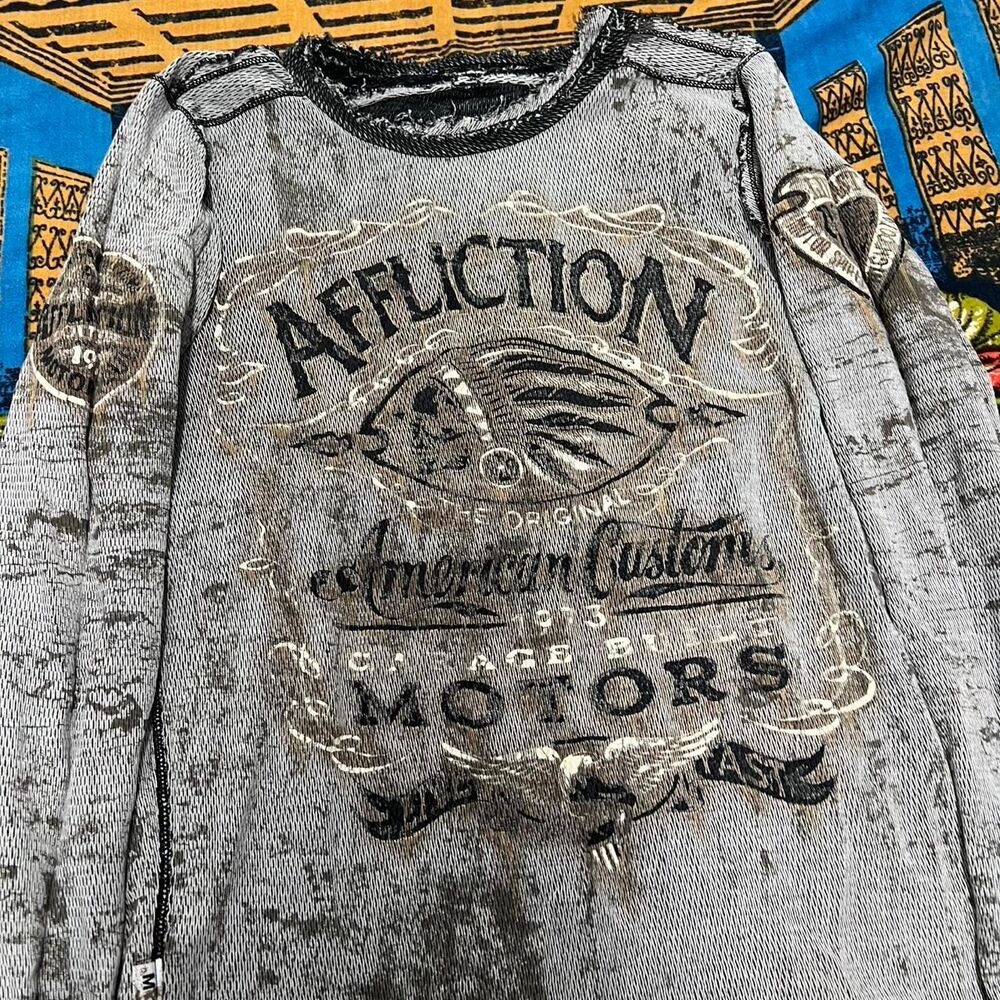 Affliction Reversible black long sleeve thermal shirt Size medium skulls grunge - Picture 6 of 7